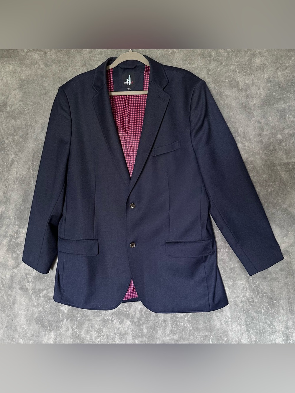 johnnie-O Navy Sport Coat blazer jacket with Pink Checked Lining 48R wool blend